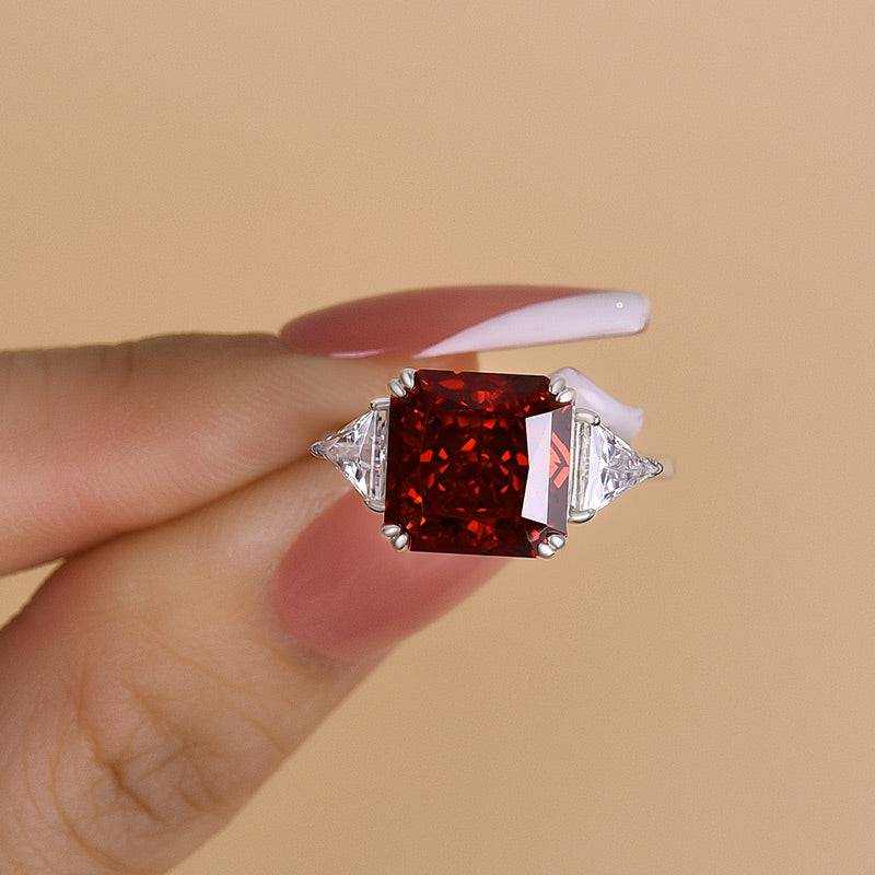 HNJ Jewels Ruby Radiant & Triangle Cut Three Stone Engagement Ring In Sterling Silver