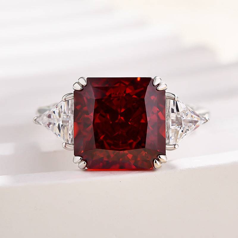 HNJ Jewels Ruby Radiant & Triangle Cut Three Stone Engagement Ring In Sterling Silver