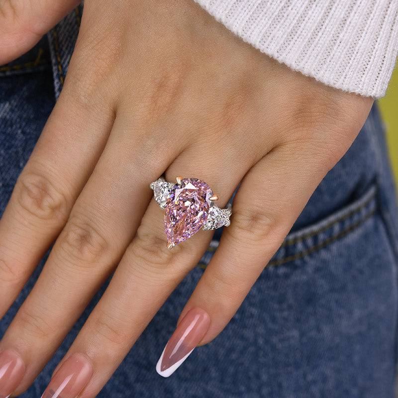 HNJ Jewels Stunning Pear Cut Pink Sapphire Three Stone Engagement Ring