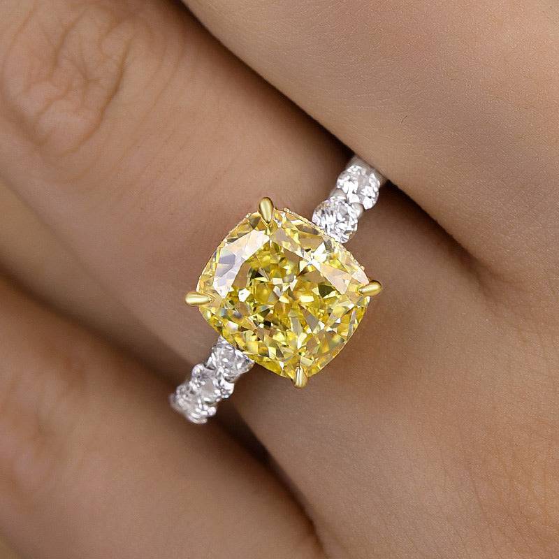 HNJ Jewels Stunning Two-tone Cushion Cut Yellow Sapphire Engagement Ring