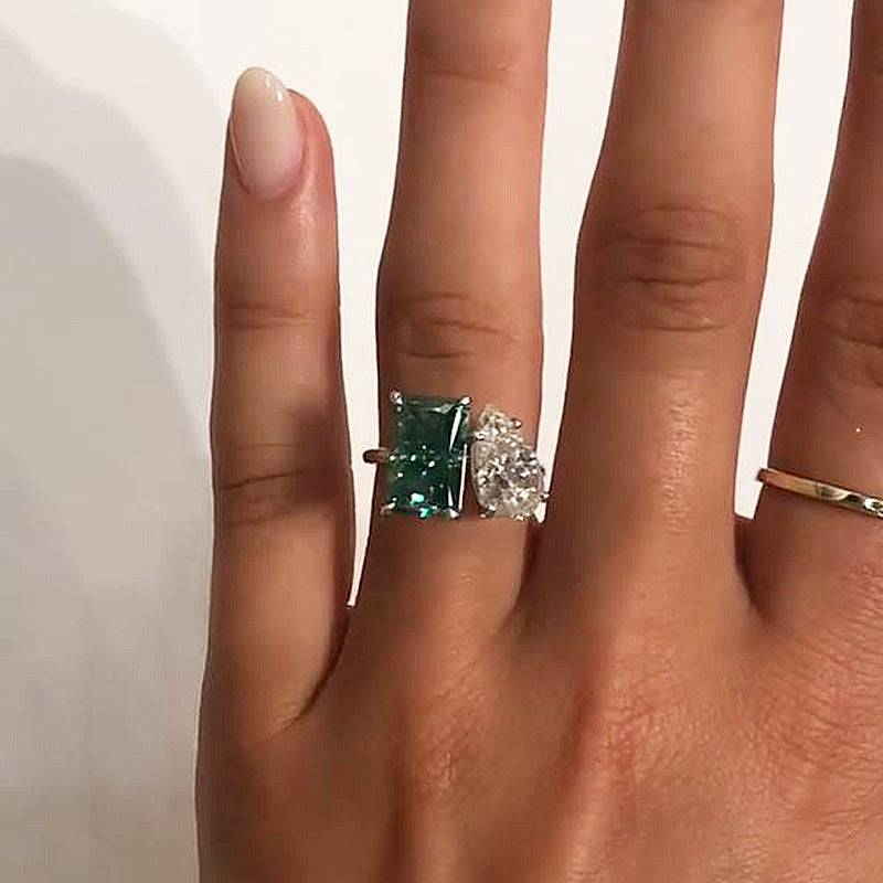 HNJ Jewels Unique Double Stones Design Radiant & Pear Cut Engagement Ring In Sterling Silver