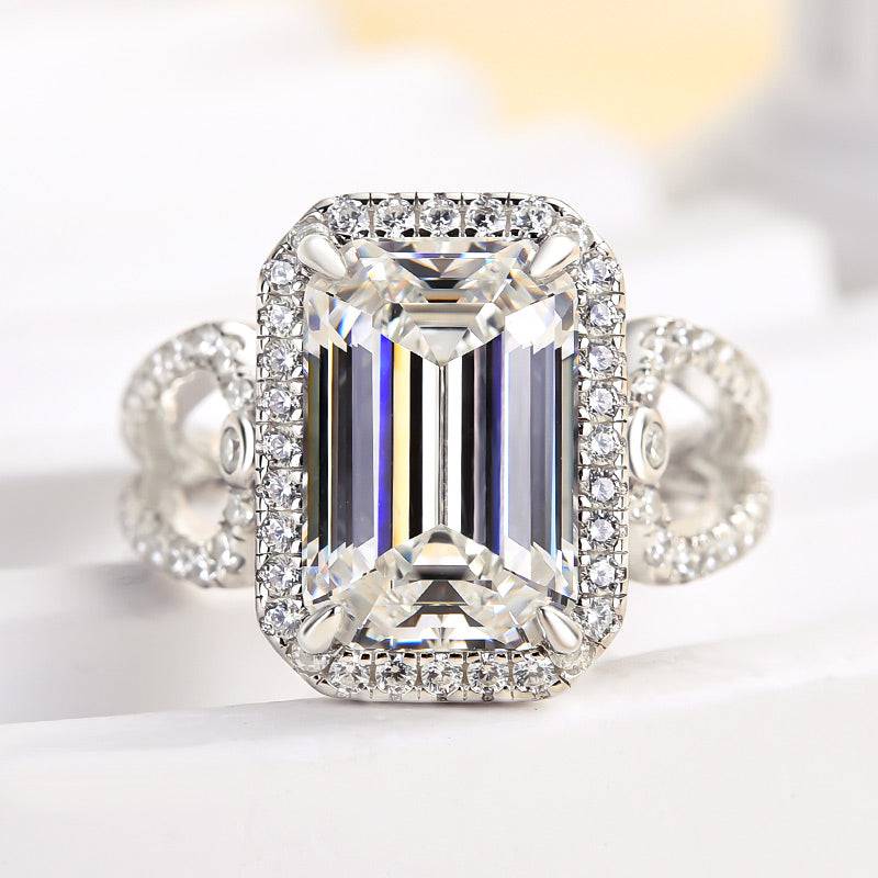 HNJ Jewels Unique Halo Split Shank Emerald Cut Engagement Ring In Sterling Silver