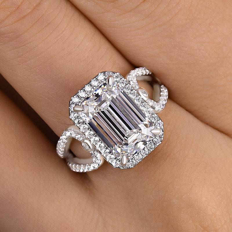 HNJ Jewels Unique Halo Split Shank Emerald Cut Engagement Ring In Sterling Silver