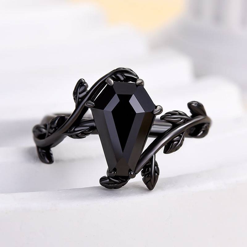 HNJ Jewels Unique Leaf Design Black Stone Coffin Cut Engagement Ring In Sterling Silver