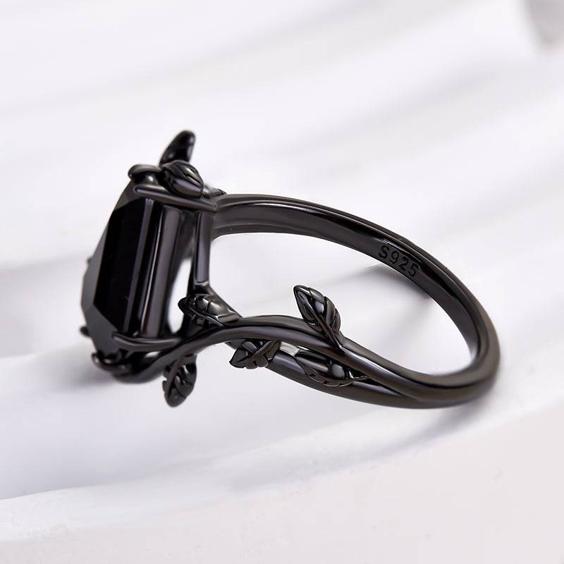 HNJ Jewels Unique Leaf Design Black Stone Coffin Cut Engagement Ring In Sterling Silver