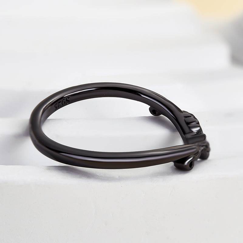 HNJ Jewels Unique Leaf Design Black Stone Round Cut Wedding Band In Sterling Silver