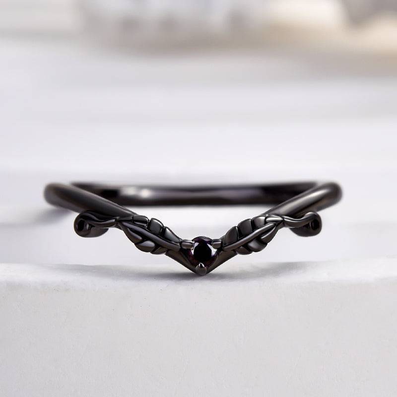 HNJ Jewels Unique Leaf Design Black Stone Round Cut Wedding Band In Sterling Silver