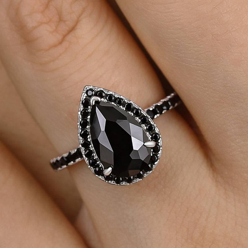 HNJ Jewels Unique Pear Cut Halo Black Diamond Engagement Ring In Sterling Silver