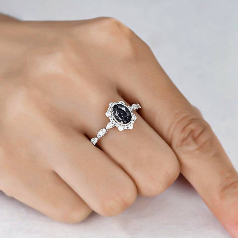HNJ Jewels Vintage Halo Oval Cut Black Sandstone Engagement Ring