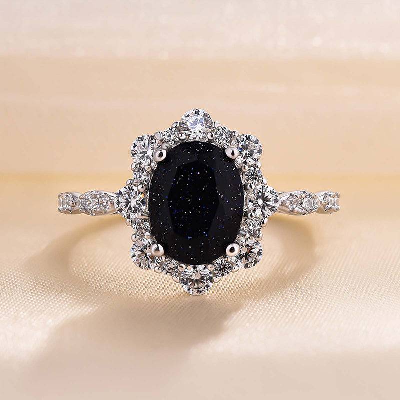HNJ Jewels Vintage Halo Oval Cut Black Sandstone Engagement Ring