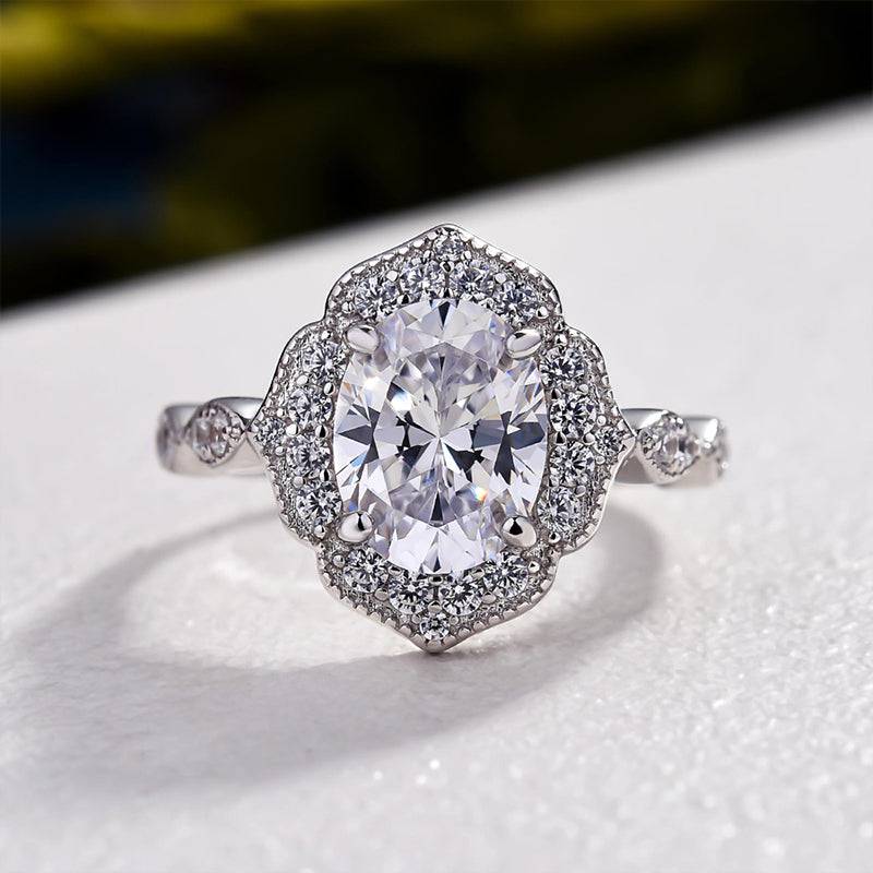 HNJ Jewels Vintage Halo Oval Cut Engagement Ring In Sterling Silver