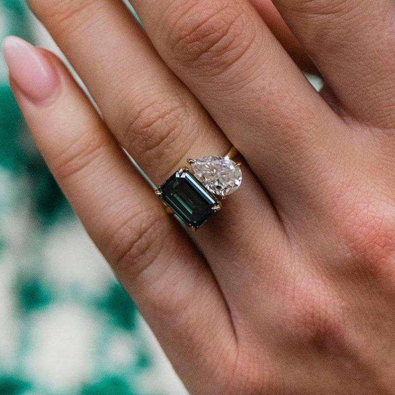 HNJ Jewels Special Double Stones Design Emerald & Pear Cut Engagement Ring In Sterling Silver