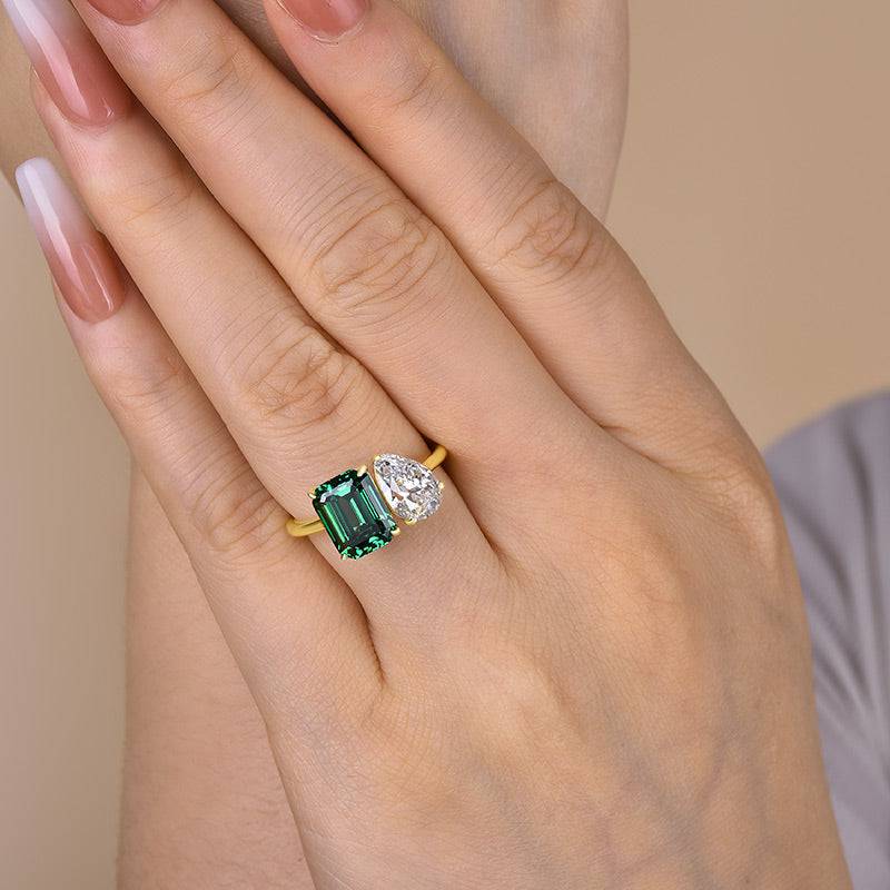 HNJ Jewels Special Double Stones Design Emerald & Pear Cut Engagement Ring In Sterling Silver