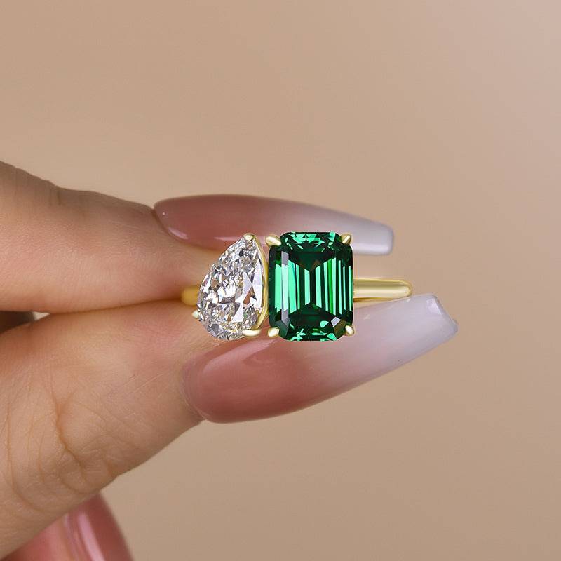HNJ Jewels Special Double Stones Design Emerald & Pear Cut Engagement Ring In Sterling Silver