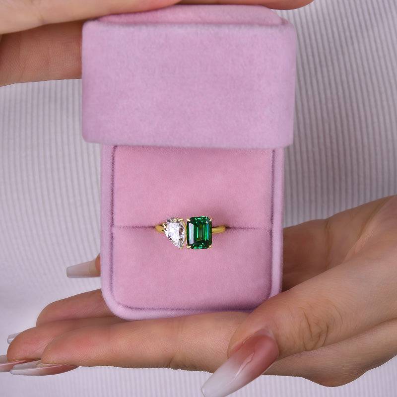 HNJ Jewels Special Double Stones Design Emerald & Pear Cut Engagement Ring In Sterling Silver