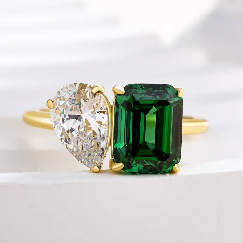 HNJ Jewels Special Double Stones Design Emerald & Pear Cut Engagement Ring In Sterling Silver