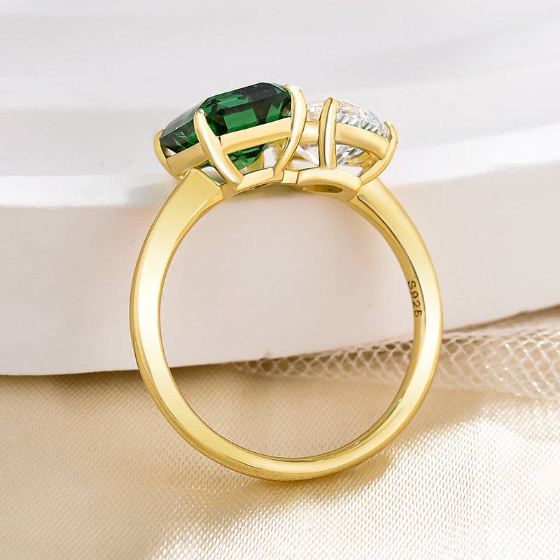 HNJ Jewels Special Double Stones Design Emerald & Pear Cut Engagement Ring In Sterling Silver