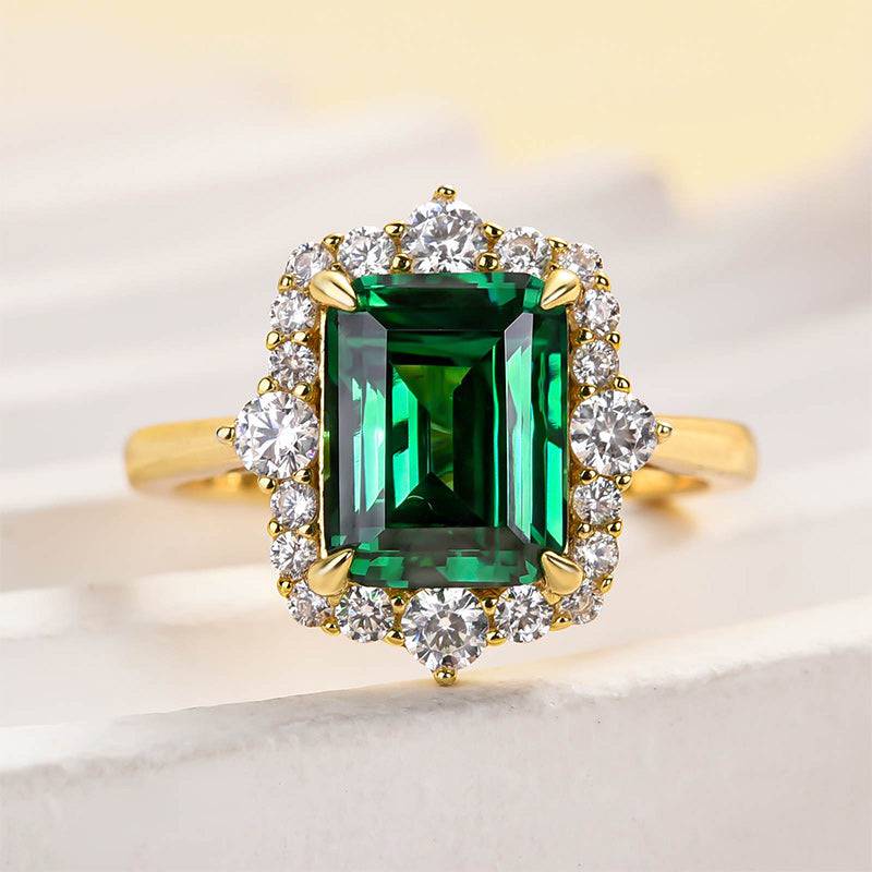 HNJ Jewels Yellow Gold Halo Emerald Cut Engagement Ring In Sterling Silver