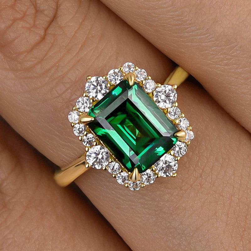HNJ Jewels Yellow Gold Halo Emerald Cut Engagement Ring In Sterling Silver