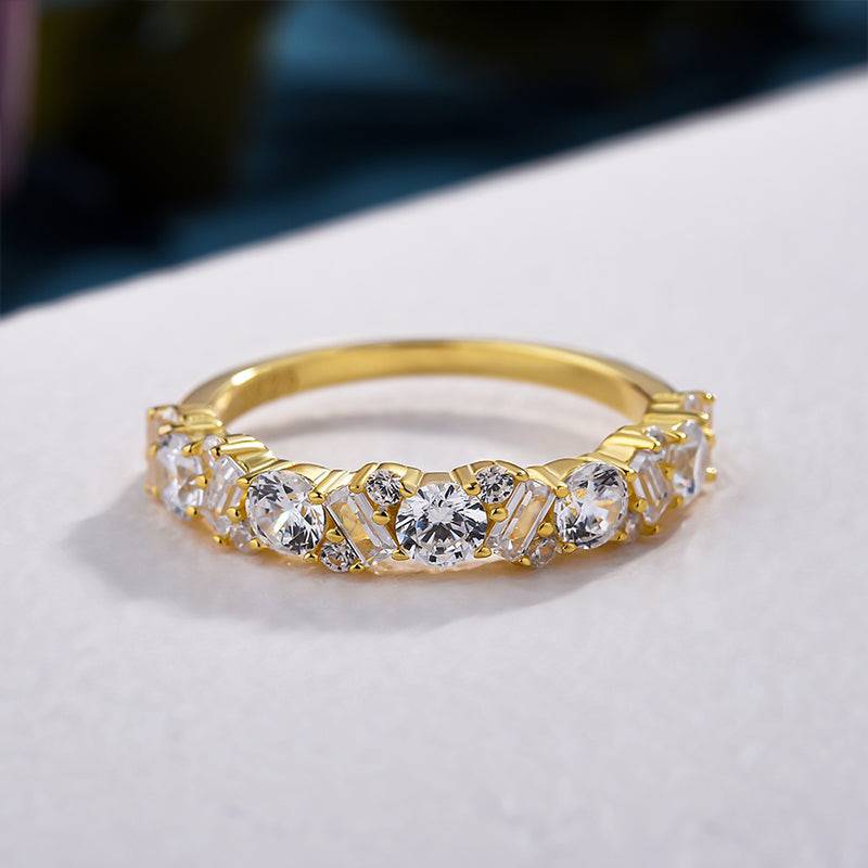 HNJ Jewels Yellow Gold Round Cut & Emerald Cut Wedding Band In Sterling Silver