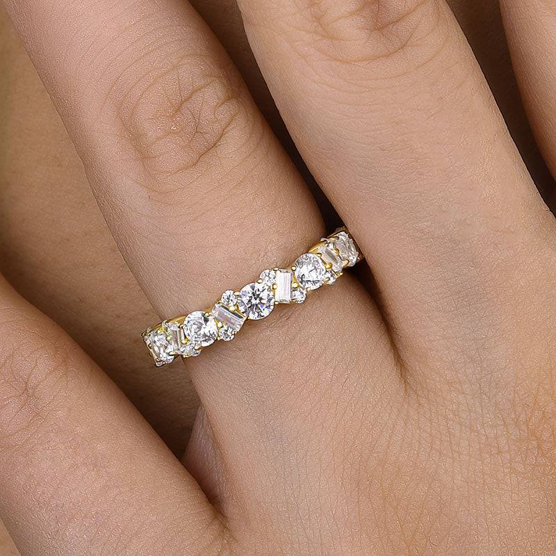 HNJ Jewels Yellow Gold Round Cut & Emerald Cut Wedding Band In Sterling Silver