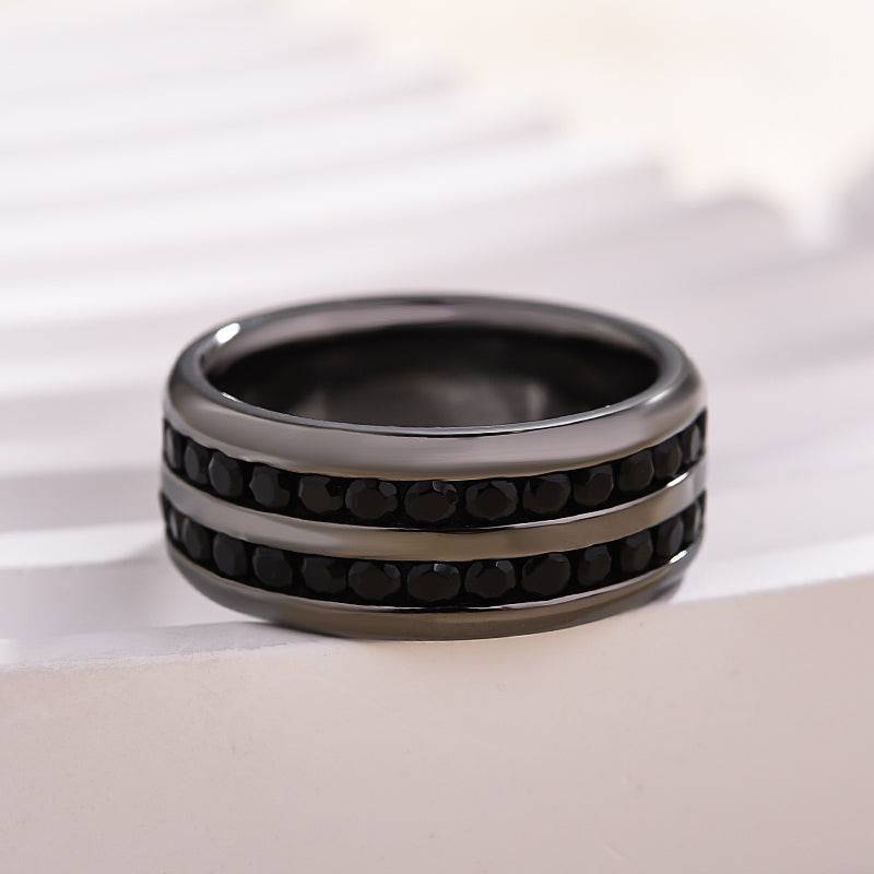 HNJ Jewels Two Row Design Black Gold Black Sapphire Men's Wide Wedding Band In 925 Sterling Silver