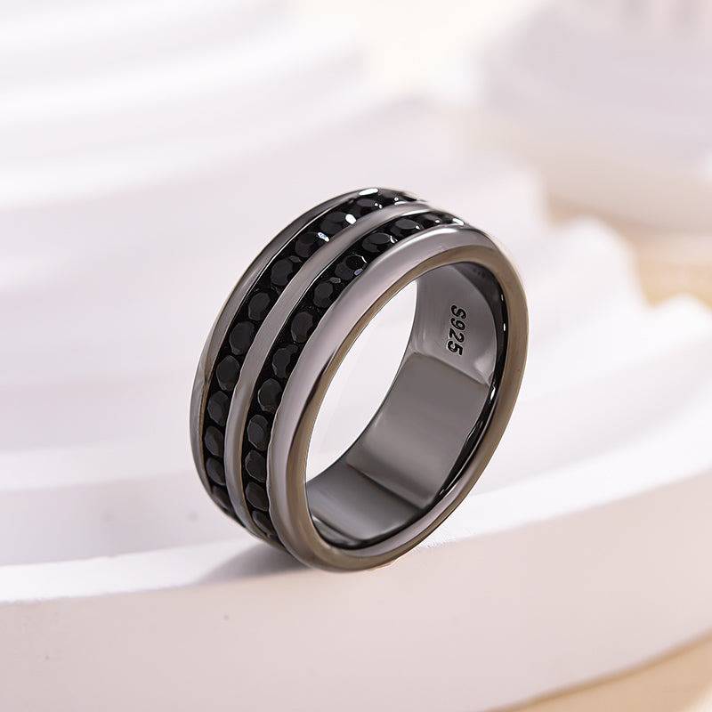 HNJ Jewels Two Row Design Black Gold Black Sapphire Men's Wide Wedding Band In 925 Sterling Silver